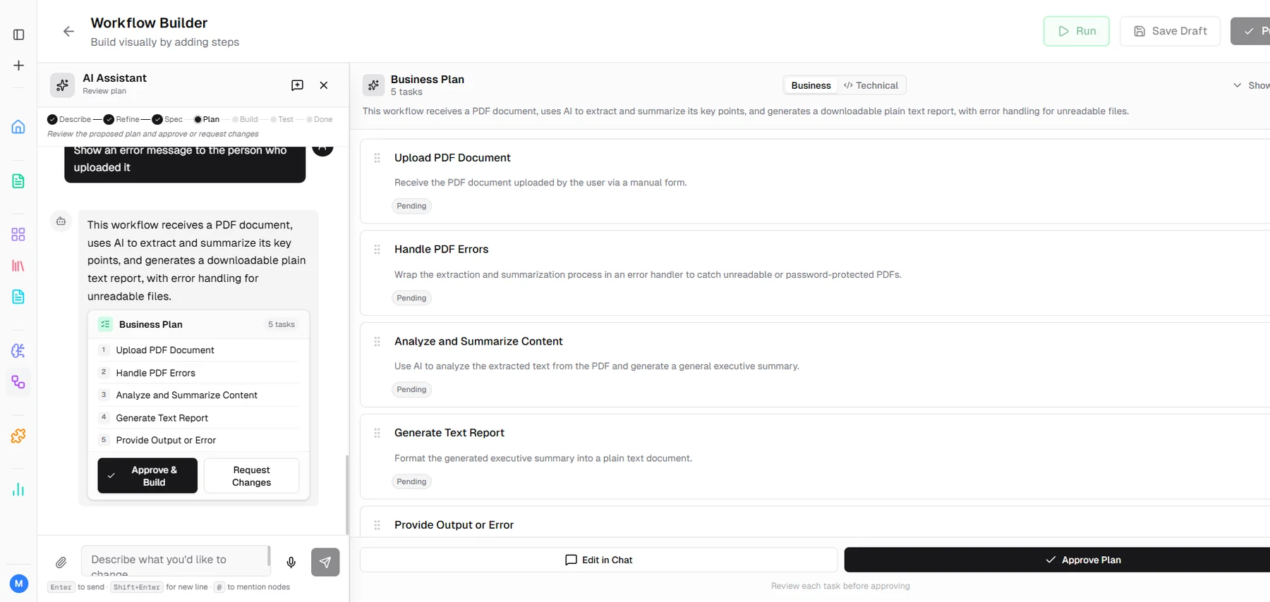 The workflow builder mid-build: an AI assistant drafts a five-task plan on the left while the structured plan sits on the right, with Approve & Build and Request Changes controls.