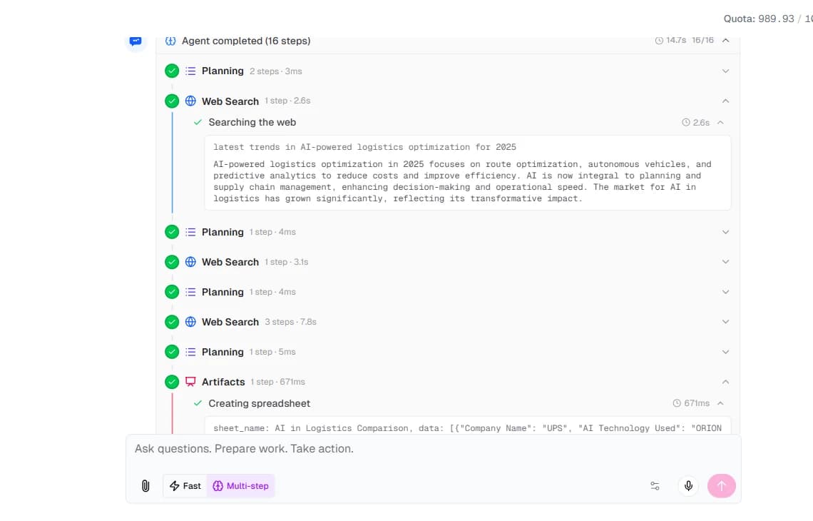 A completed sixteen-step agent run with per-step timings, one web-search step expanded to show the query and the evidence it retrieved.